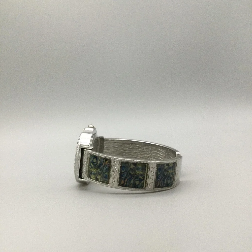 Studio Womens Watch 32mm Crystal Bezel Open Cuff Silver Tone Inlay New Battery